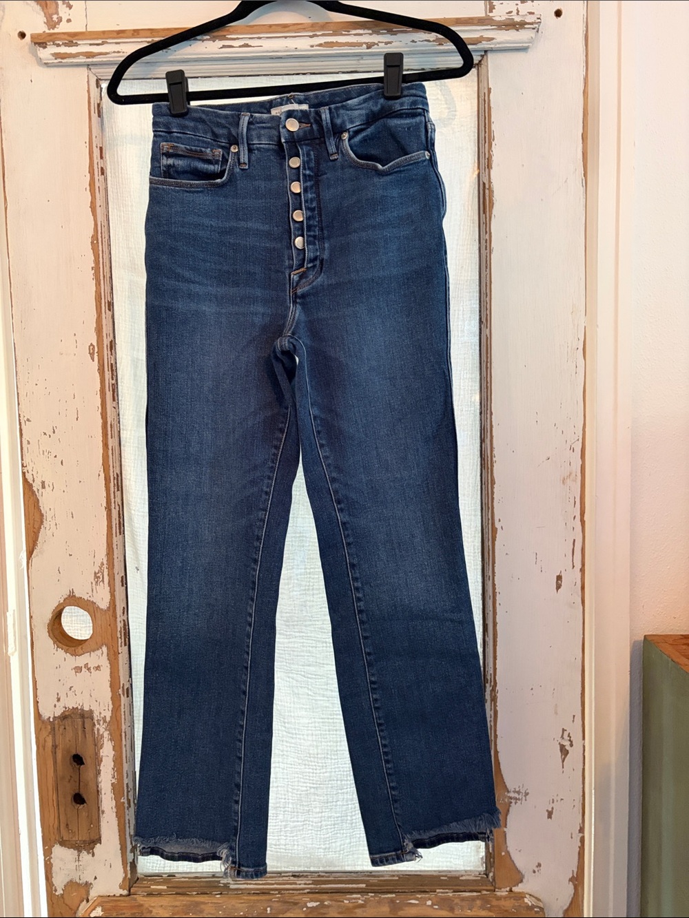 Good American Dark Blue High-Rise Button-Fly Flare Jeans